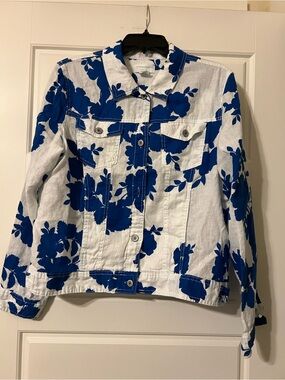 100% Linen Cynthia Rowley Blue & White Printed Detail Light Jacket